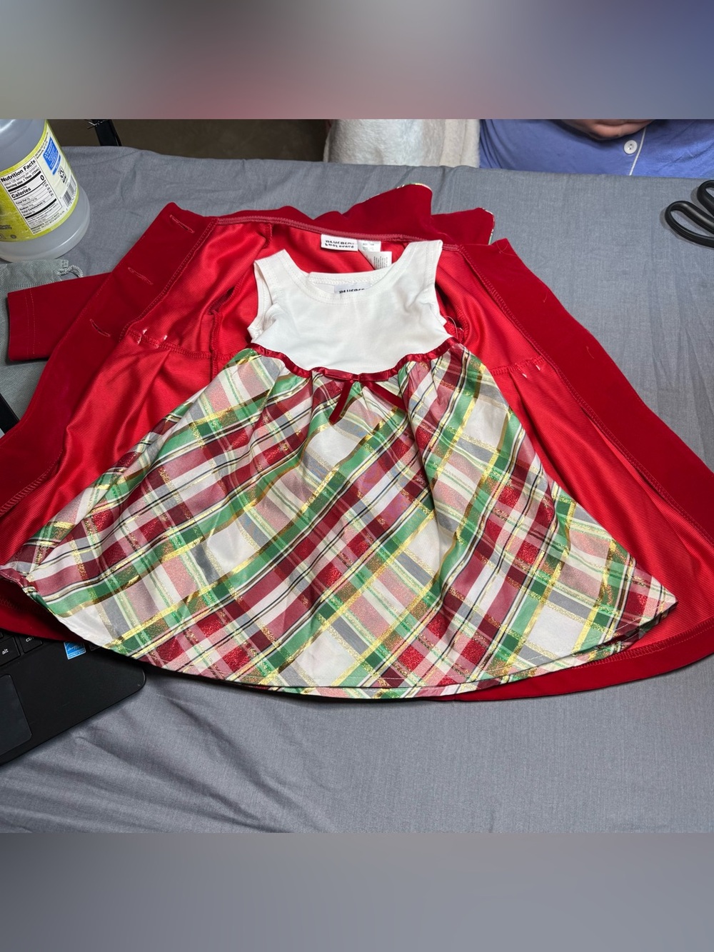 Blueberi Boulevard Red, White & Green Plaid Holiday Dress and Matching Coat